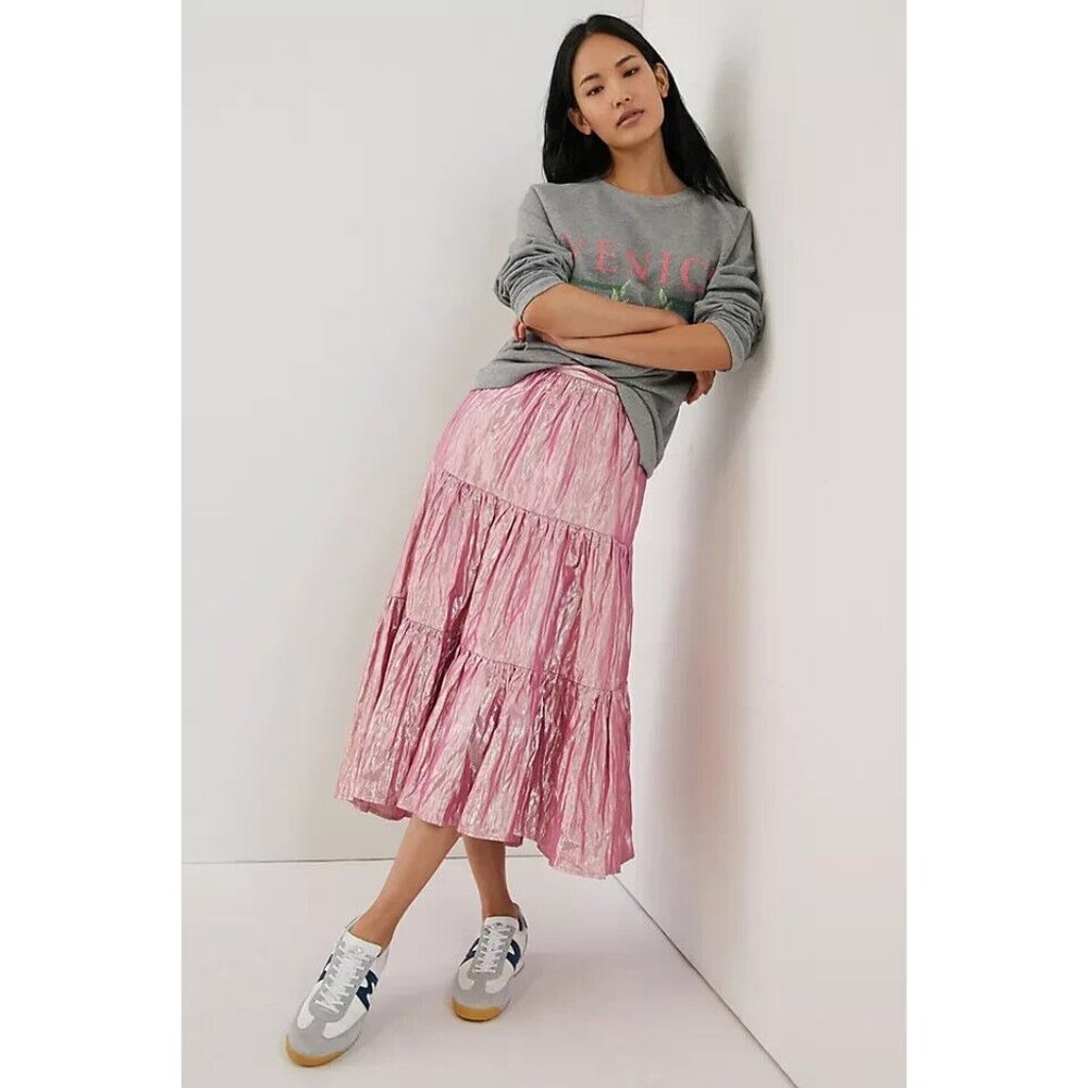 Anthropologie Maeve Skirt Alicia Pink Crinkled Metallic Maxi NWT